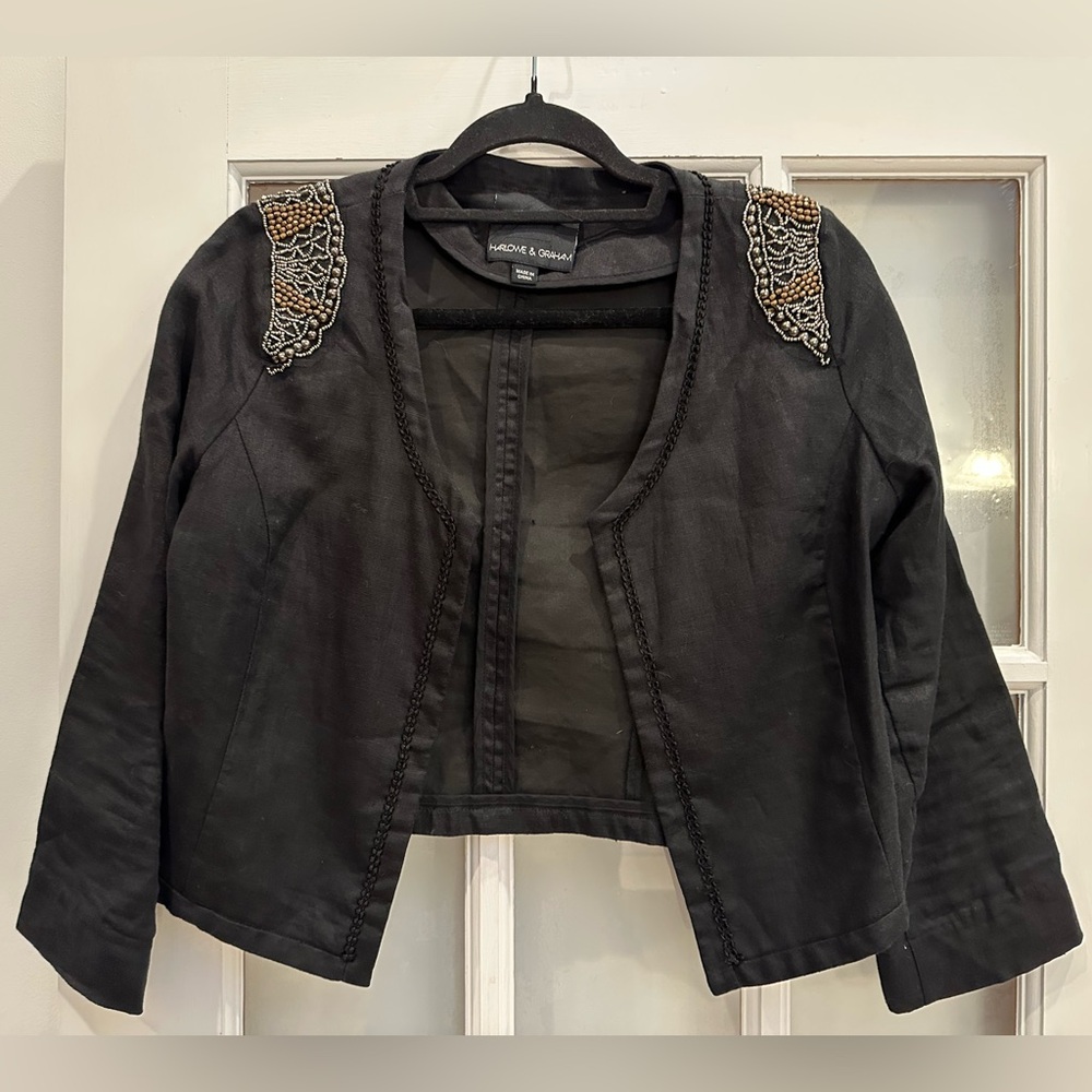 Harlowe & Graham 100% Linen Embellished Beaded Black Lightweight Jacket Size S